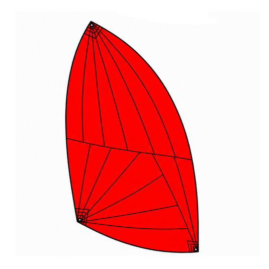 Spi Catamaran avec schéma de triangles courbés, découpés en secteurs triangulaires, illustrant la conception innovante pour navigation dynamique.