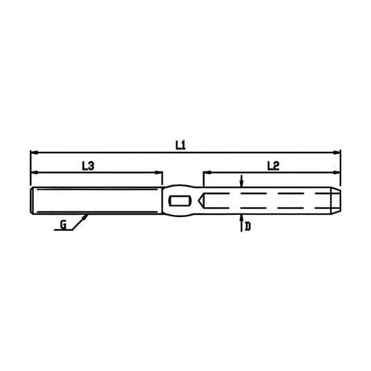 Terminason à Filetage Métrique gauche, schéma dimensionnel d'un adaptateur ciseau pour marteau perforateur, montrant les mesures clés: L1, L2, L3, G, D.
