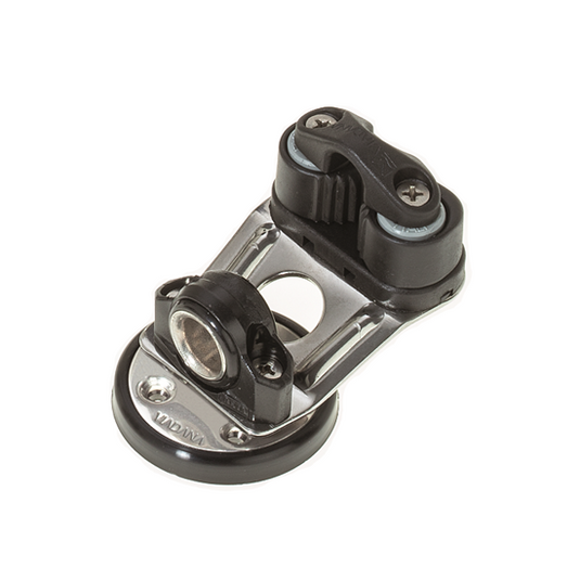 Tourelle de Foc Universelle pour voilier léger, intégrant un guide de ligne et un taquet coinceur auto-bloquant pour une gestion efficace des cordages.
