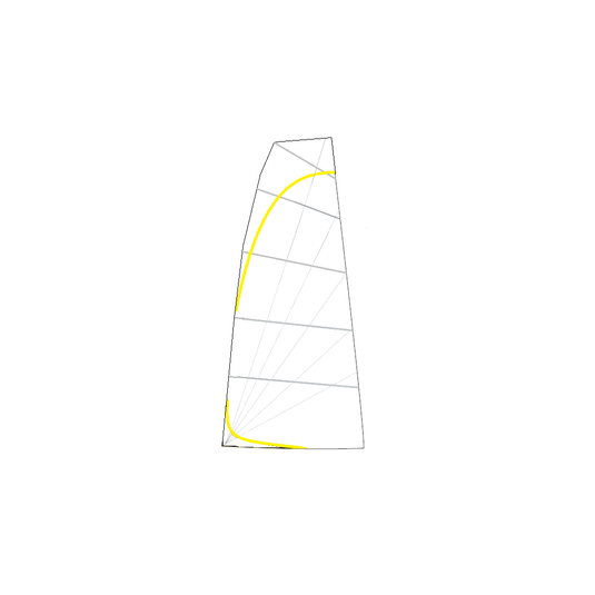 Grand Voile Dériveur Booxy Fun, conçu en Mylar 4.2Oz avec coupe radiale, idéal pour la voile légère, présenté comme un schéma de voilure technique.