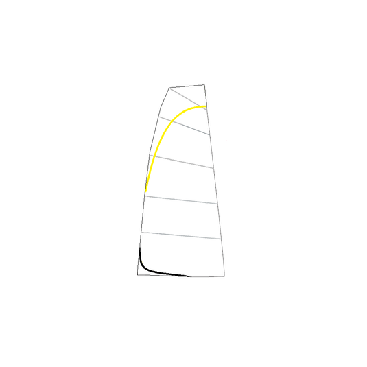 Grand Voile Dériveur Booxy Standard, dessin de voile avec ligne jaune, tissu Dacron 250gr, coupe croisée, adaptable pour dériveurs, vue technique.