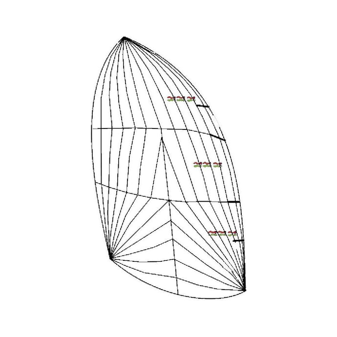 Dessin d'un spi pour catamaran New Cat F1, illustrant un schéma technique du produit en tissu Nylite 1.1Oz, disponible sur commande.