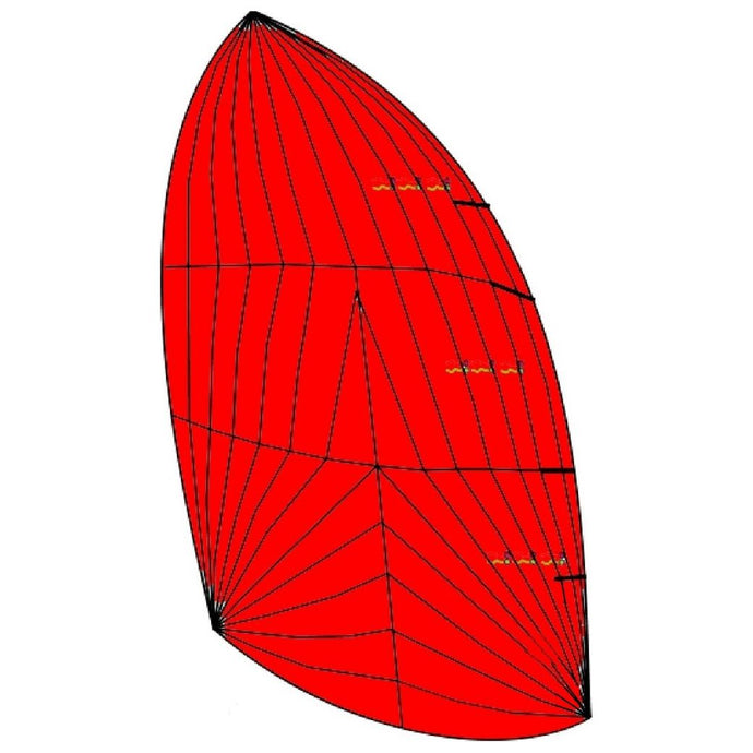 Spi Catamaran Twincat 15 Sport illustré, voile rouge avec lignes noires, adapté pour voile légère, tissu Contender 1.1Oz, personnalisable selon vos préférences.