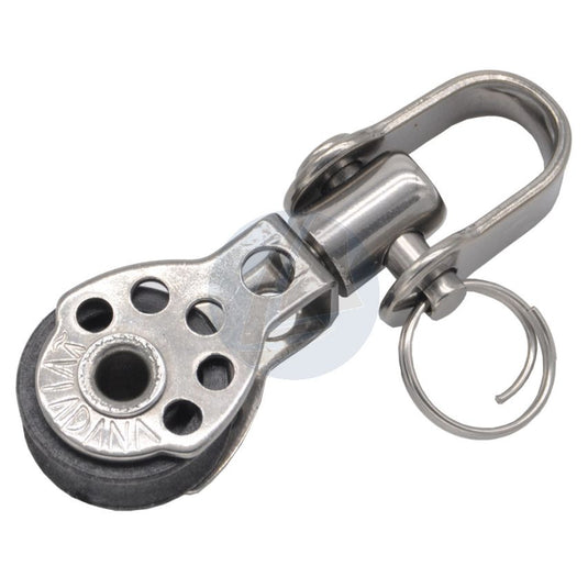 Poulie Simple Micro + Emerillon, idéale pour voile légère, dériveur, catamaran; robuste et polyvalente, avec cordage ø17mm, charge rupture 300kg.