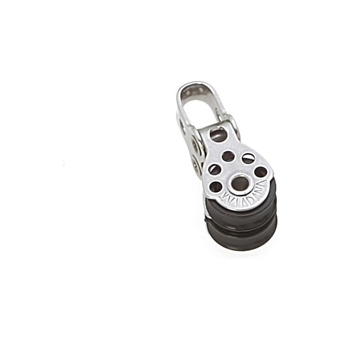 Poulie Double Micro Inox en gros plan, idéale pour voiliers et catamarans, compatible avec cordages jusqu'à ø6mm, supporte une charge de rupture jusqu'à 650kg.