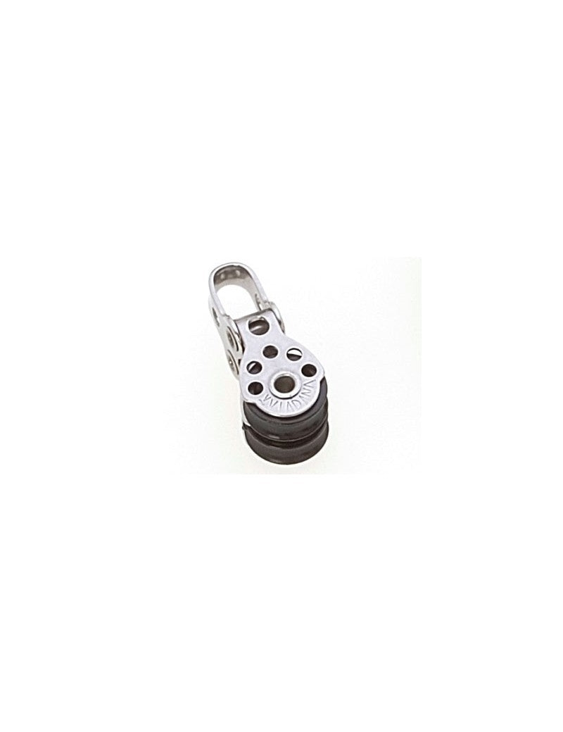 Chargez l'image dans la visionneuse de la galerie, Poulie Double Micro Inox pour voile légère, avec roue noire et œil fixe. Idéale pour dériveurs et catamarans, supporte cordage jusqu'à ø6mm, 650kg.
