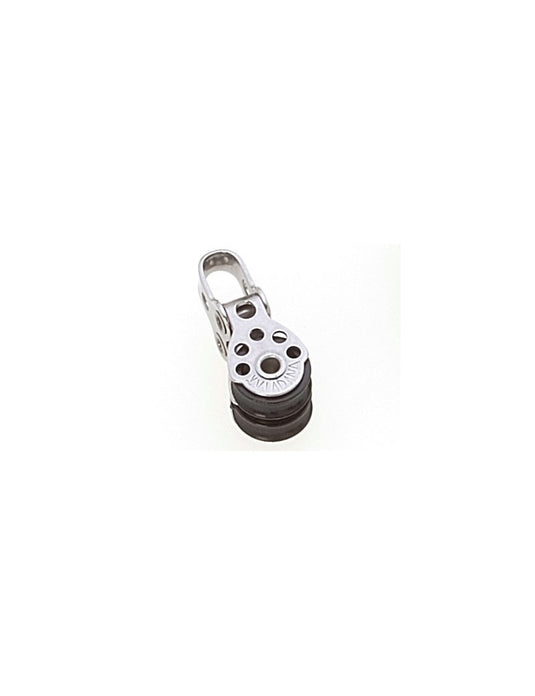 Poulie Double Micro Inox pour voile légère, avec roue noire et œil fixe. Idéale pour dériveurs et catamarans, supporte cordage jusqu'à ø6mm, 650kg.