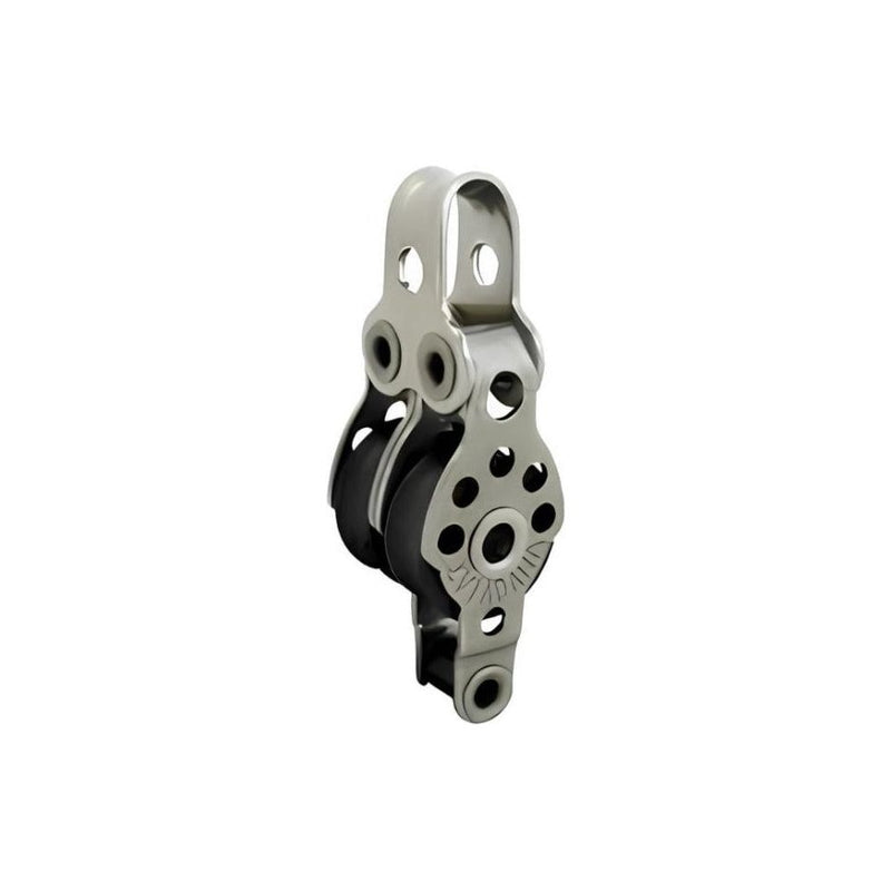 Chargez l'image dans la visionneuse de la galerie, Poulie Double Micro ø17mm avec ringot, idéale pour voile légère et catamaran, dotée de roues en caoutchouc noir et structure métallique pour cordages jusqu'à ø5mm.
