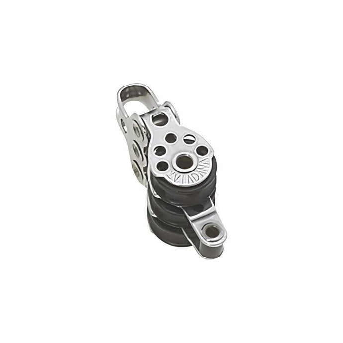 Poulie Triple Micro ø17mm + Ringot de Viadana, idéale pour la voile légère, avec un design en métal et anneaux en caoutchouc noir, charge rupture 300kg.