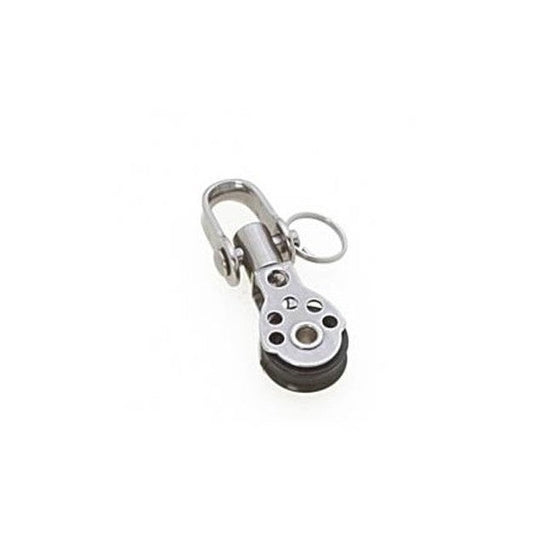Poulie Simple Micro + Émerillon, poulie à une réa avec émerillon et mousqueton, idéale pour applications marines légères, voile légère, dériveur et catamaran.