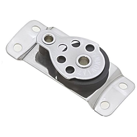 Poulie Plat Pont Incurvee ø25mm en métal, avec trous, idéale pour voiliers légers et catamarans, utilisée sur mâts ou bômes incurvés.