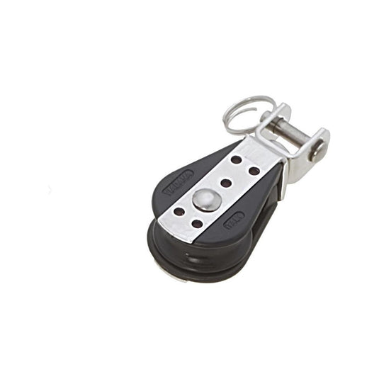 Poulie Simple à billes ø22mm à Chape + Emerillon en gros plan, idéale pour dériveurs, offrant une performance robuste avec une charge de travail de 100kg.