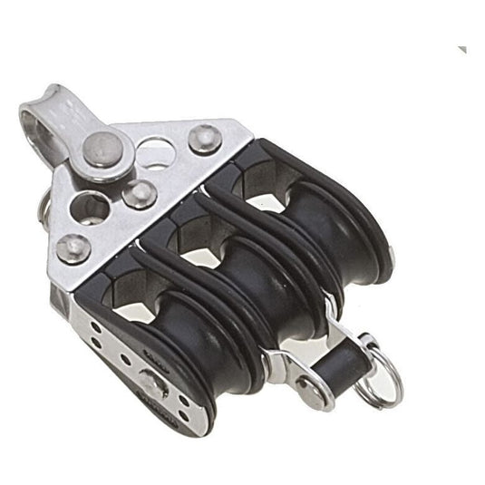 Poulie Triple à billes ø22mm + Ringot, idéale pour palans d'écoute de grand voile sur dériveurs et catamarans, supportant jusqu'à 100kg de charge.