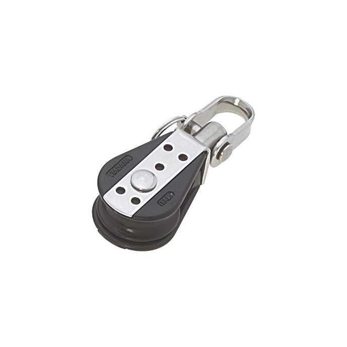 Poulie Simple à billes ø22mm + Emerillon, idéale pour écoutes de voile légère, avec un design simple et fonctionnel. Charge de travail de 100kg, diamètre ligne max 6mm.