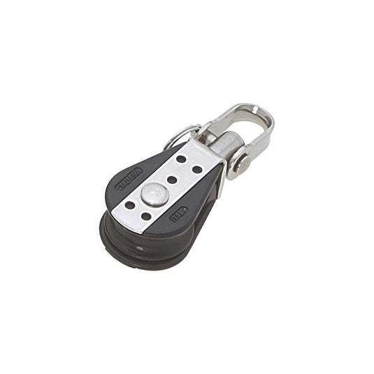 Poulie Simple à billes ø22mm + Emerillon, idéale pour écoutes de voile légère, avec un design simple et fonctionnel. Charge de travail de 100kg, diamètre ligne max 6mm.