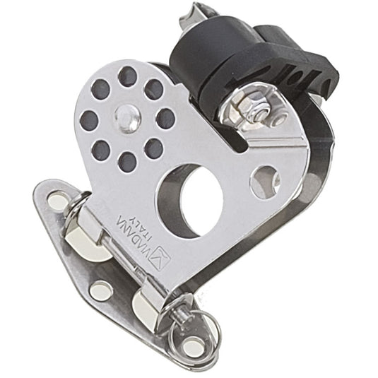 Tourelle de mât avec poulie à billes alu + taquet, idéale pour dériveurs, fixée sur mât, facilitant envois de spi avec drisse bien alignée.