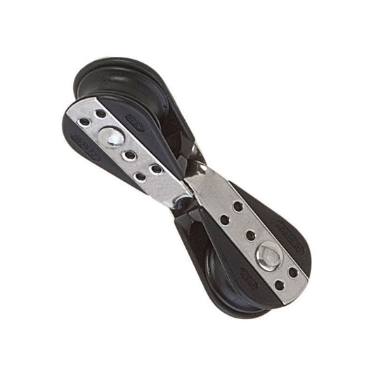 Poulie Tête à tête à billes, double‐réa pour dériveurs, idéale pour rediriger et multiplier les lignes, avec plaques métalliques. Disponible en plusieurs diamètres pour besoins spécifiques.