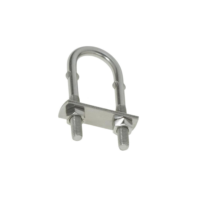 Cadène fil inox en U avec butées, écrous et plaquette de fixation, idéale pour créer un point d'ancrage solide sur un bateau de voile légère.