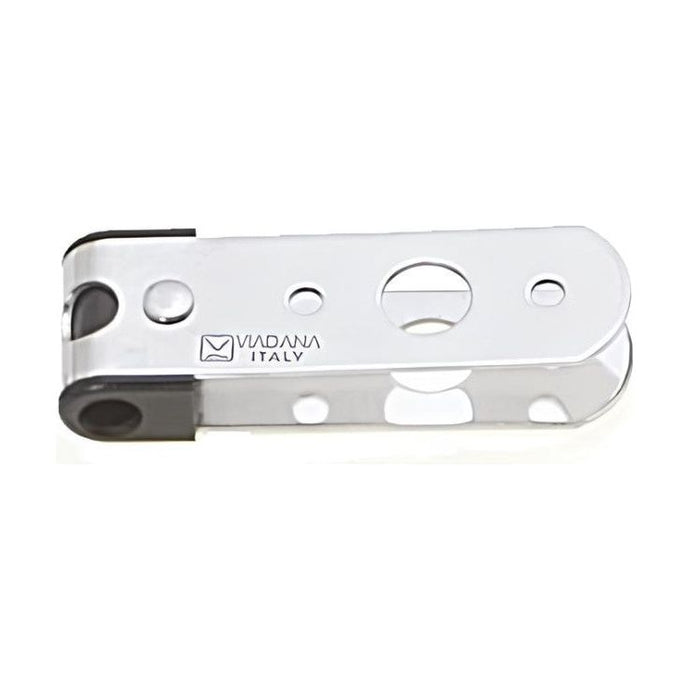 Fémelot Safran Inox en métal argenté et noir, avec insert en nylon, conçu pour un maintien optimal sur aiguillot. Fixation par trous de 5mm.