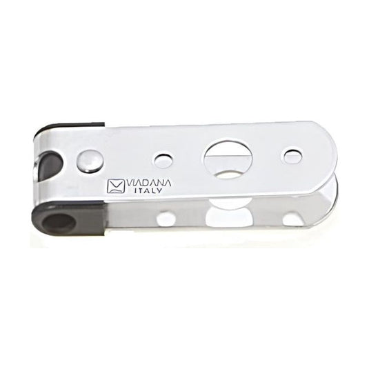 Fémelot Safran Inox en métal argenté et noir, avec insert en nylon, conçu pour un maintien optimal sur aiguillot. Fixation par trous de 5mm.