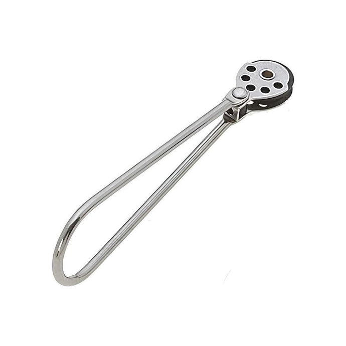 Anneau de trapèze Inox 180mm avec poulie de réglage ø25mm, conçu pour cordage jusqu'à 6mm, idéal pour dériveurs et catamarans de sport.