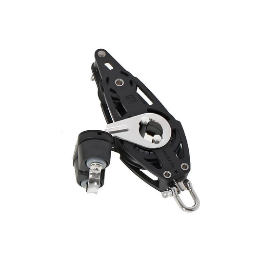 Poulie Violon ø38mm avec Taquet et Ringot, idéale pour voile légère, supporte jusqu'à 260kg, conçue pour compétition nautique, complémentaire à la poulie classique.