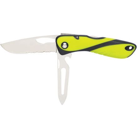 Couteau Offshore - Lame crantée avec démanilleur, conçu pour marins, offrant coupe et résistance exceptionnelles, idéal pour voile légère et sports nautiques.
