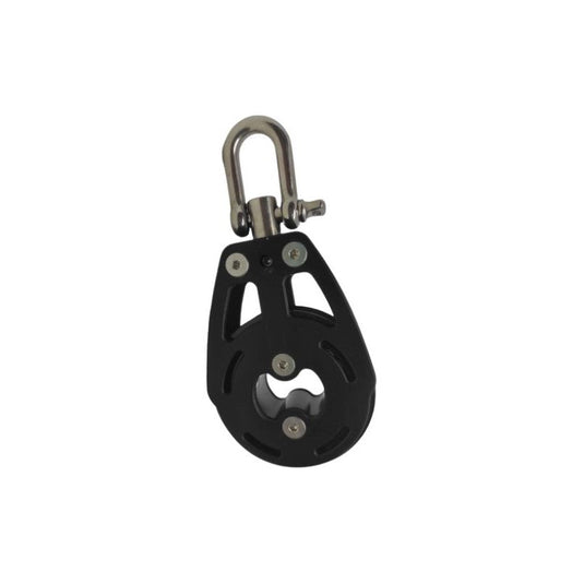 Poulie Simple à billes ø57mm Aluminium, haute qualité, conçue pour voile légère, charge maximale de 500kg, diamètre manille 6mm, écoute maximale 12mm pour dériveurs et catamarans.