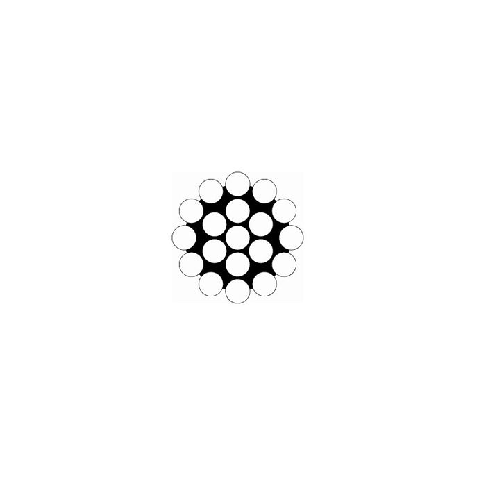Câble Inox monotoron 1x19 - non gainé, vue en coupe schématique hexagonale de 19 fils, idéal pour haubans et applications nautiques professionnelles.