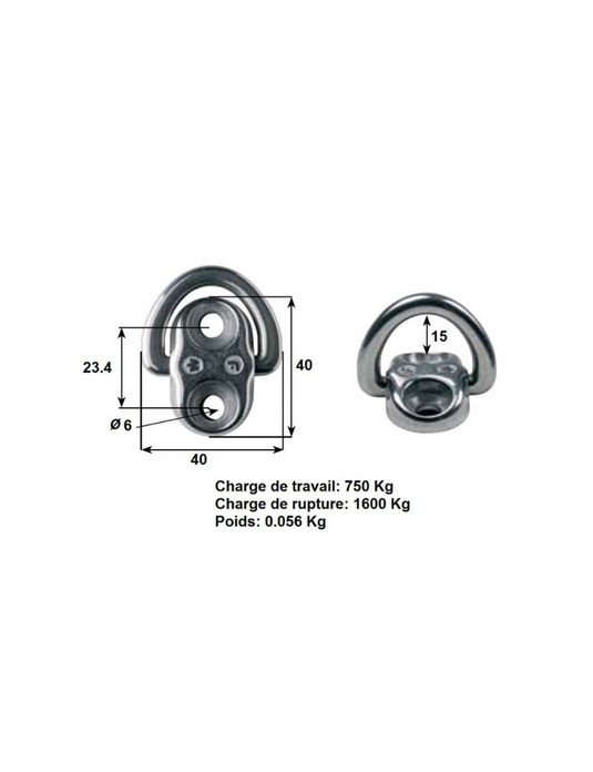 Cadène Articulée inox 2 points de fixation ø6mm, idéal pour dériveurs et catamarans, offrant robustesse et fiabilité pour équipements nautiques légers.
