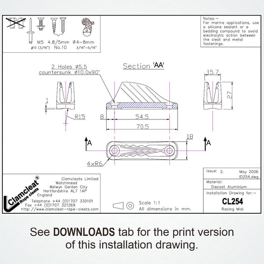 Schéma d'installation du taquet coinceur CL254 clamcleat