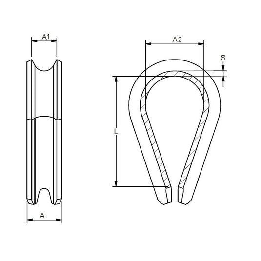 Cosse cœur ouverte inox, dessin technique montrant les dimensions et formes pour protéger une boucle de câble, essentiel en équipement nautique léger.