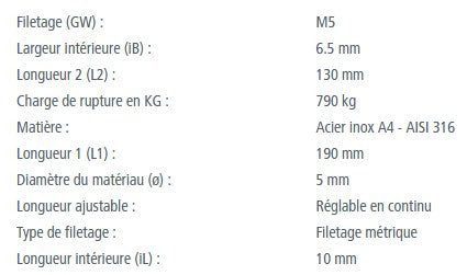 Chargez l'image dans la visionneuse de la galerie, Ridoir Corps fermé à 2 Chapes, acier inoxydable A4/AISI 316, filetage métrique M5, longueur ajustable, capacité de rupture 790 kg, idéal pour dériveurs et catamarans de sport.
