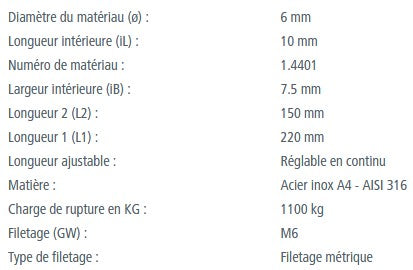 Chargez l'image dans la visionneuse de la galerie, Ridoir Corps fermé à 2 Chapes, acier inoxydable A4, longueur ajustable, diamètre 6 mm, filetage métrique M6, charge de rupture 1100 kg.
