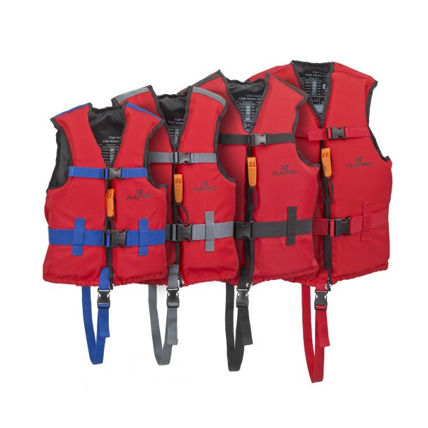 Gilet de sauvetage Club Master rouge, conçu par PLASTIMO pour la voile, avec mousse souple, emmanchures larges, flottabilité 70N, bandes rétroréfléchissantes, et sifflet.