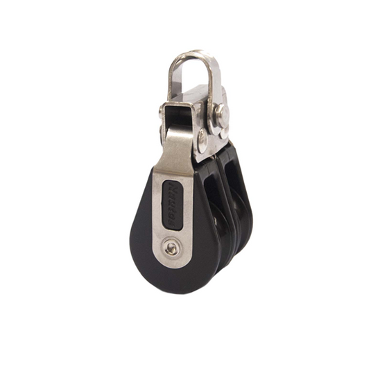 Poulie Double à billes ø28mm avec deux roues et attache pivotante en acier inoxydable, idéale pour applications marines ou de gréement, optimisée pour voile légère.