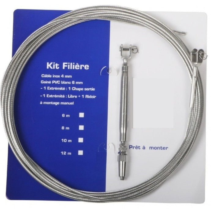 Kit filière non Gainé à Chape fixe sur emballage bleu et blanc, comprenant câble mono-toron et ridoir manuel pour changement rapide des filières de bateau.