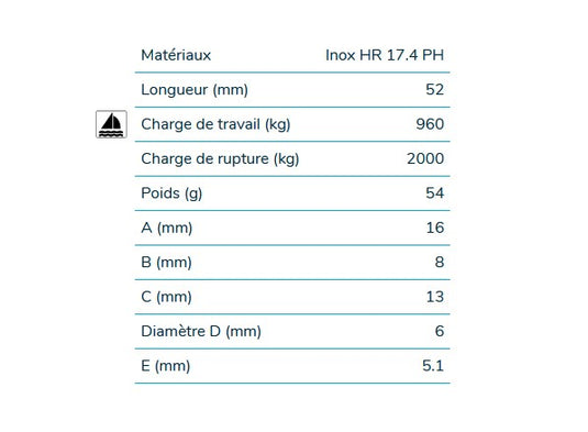 Mousqueton à Chape 52mm en inox 17.4 Ph, avec chape intégrée, facilitant l'ouverture et offrant des charges de travail exceptionnelles, idéal pour voile légère et sports nautiques.