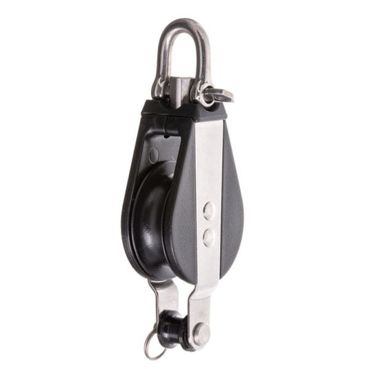 Poulie à Ringot à billes ø19mm + Émerillon avec shackle pivotant intégré, idéale pour dériveurs et catamarans, robustesse et durabilité avec roulements à billes en acier inoxydable.