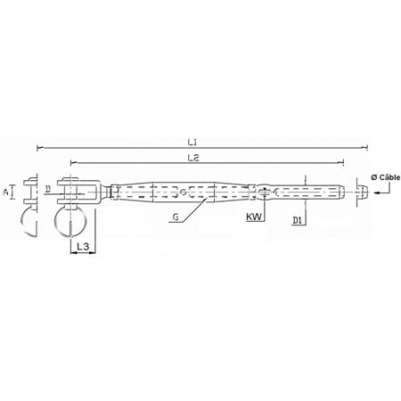 Laden Sie das Bild in Galerie -Viewer, Ridoir Corps fermé Chape fixe métrique ø6mm + Embout à sertir, dessin technique détaillant les dimensions pour accastillage voile légère, idéal pour dériveurs et catamarans.
