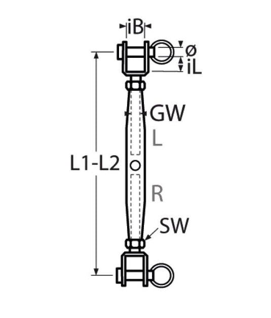 Ridoir Corps fermé à 2 Chapes avec chapes fixes et pins amovibles, longueur réglable via barillet central, pour applications nautiques légères.