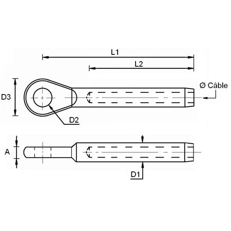 Terminaison à Oeil en inox A4 AISI 316, avec embout à sertir et œil, dimensions adaptées pour câbles de 3 à 5 mm, pour voiles légères.