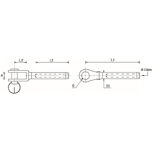 Terminaison Chape pour câble en Inox Aisi 316, dessinée avec embouts à sertir et chape fixe, pour applications nautiques, visible en diagramme technique.