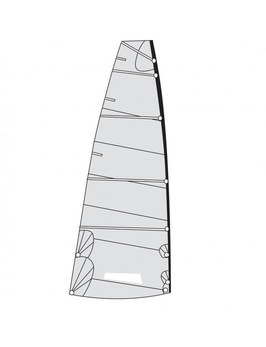 Grand Voile Catamaran Tyka/Twincat 15: schéma technique d'une grand-voile à lattes complètes, montrant les renforts, points d'attache, et bandes de ris pour navigation sportive et loisir.