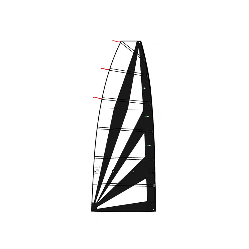 Chargez l'image dans la visionneuse de la galerie, Grand Voile Catamaran Dart 16 avec panneaux en forme de soleil, lattes horizontales, et penons rouge et vert, idéale pour navigation de loisir et écoles de voile.

