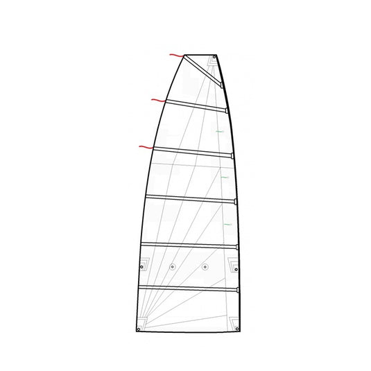Grand Voile Catamaran Dart 16 avec lattes horizontales, renforts diagonaux, point de fixation pour bôme, adaptée pour navigation loisir, écoles de voile, personnalisable sur demande.